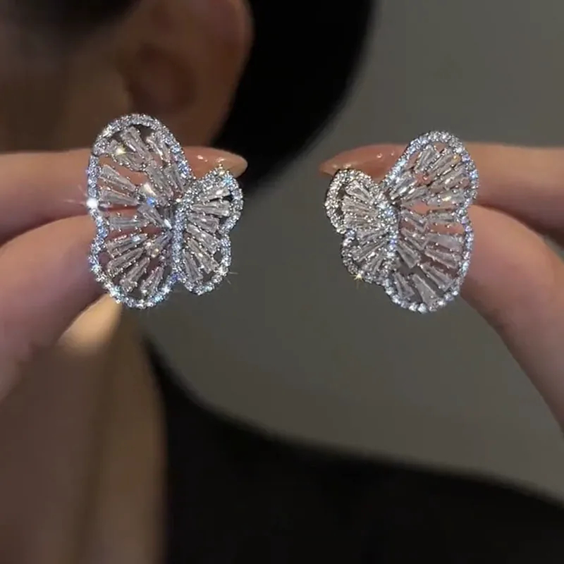 Silver-post & Zircon Butterfly Stud Earrings (Dual-way Wear)