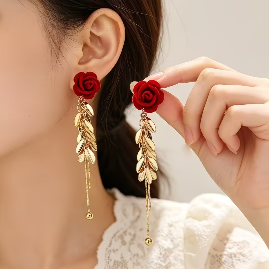 Alloy-Plated Flocked Rose Heart Long Drop Dangling Earrings - Image 2