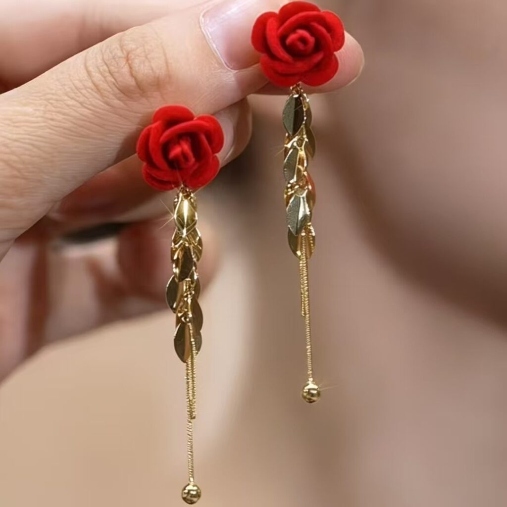 Alloy-Plated Flocked Rose Heart Long Drop Dangling Earrings