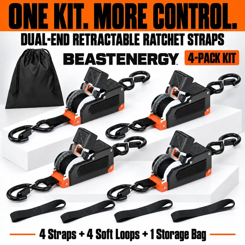 4PK Dual-End Retractable Ratchet Straps - Heavy Duty Adjustable Ropes