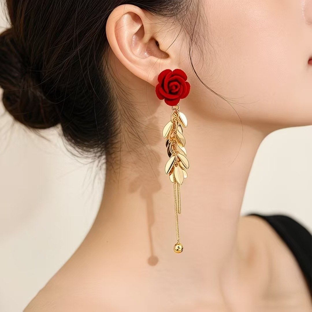 Alloy-Plated Flocked Rose Heart Long Drop Dangling Earrings - Image 3