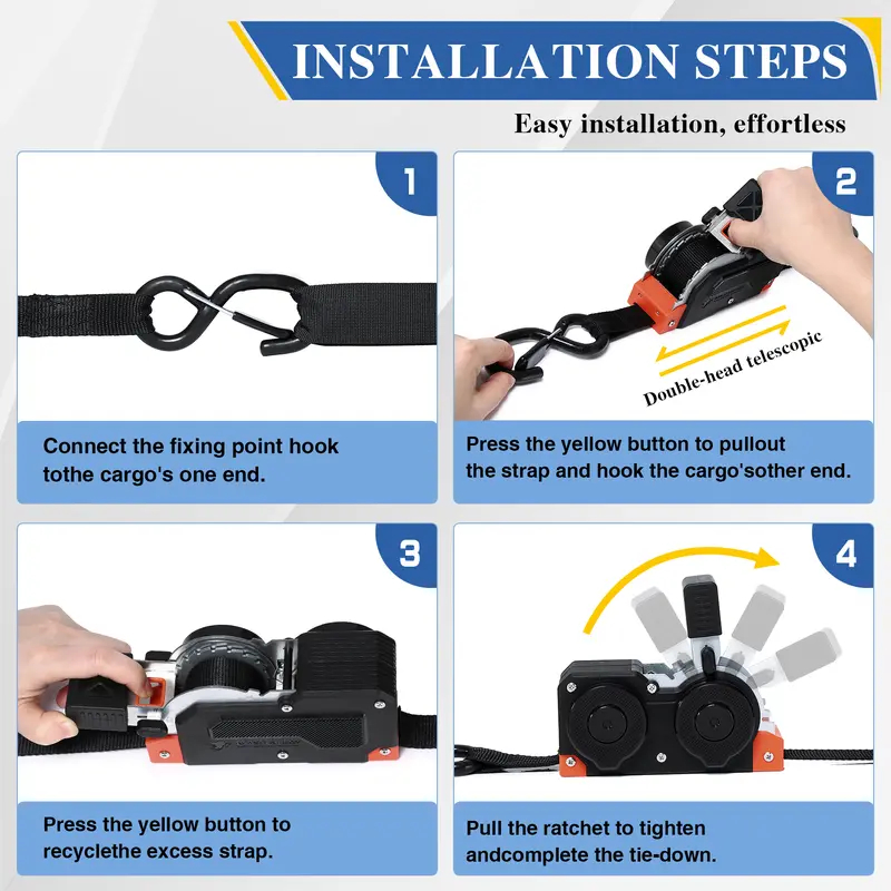 4PK Dual-End Retractable Ratchet Straps - Heavy Duty Adjustable Ropes - Image 9