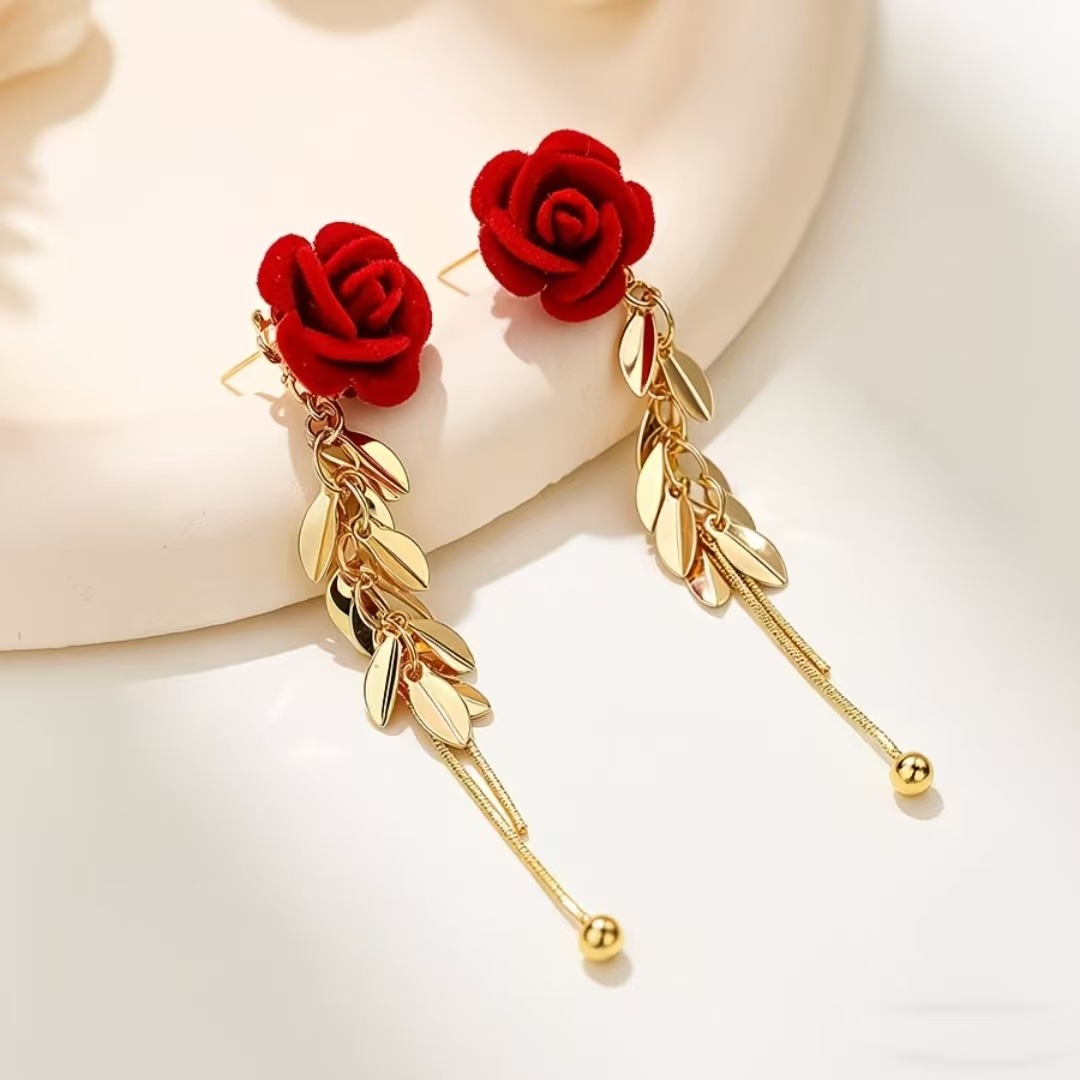 Alloy-Plated Flocked Rose Heart Long Drop Dangling Earrings - Image 4