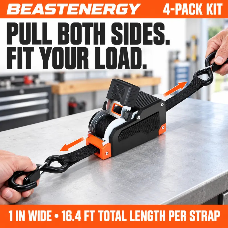 4PK Dual-End Retractable Ratchet Straps - Heavy Duty Adjustable Ropes - Image 8