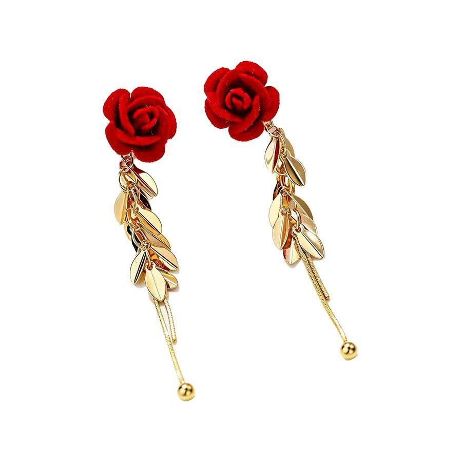 Alloy-Plated Flocked Rose Heart Long Drop Dangling Earrings - Image 5