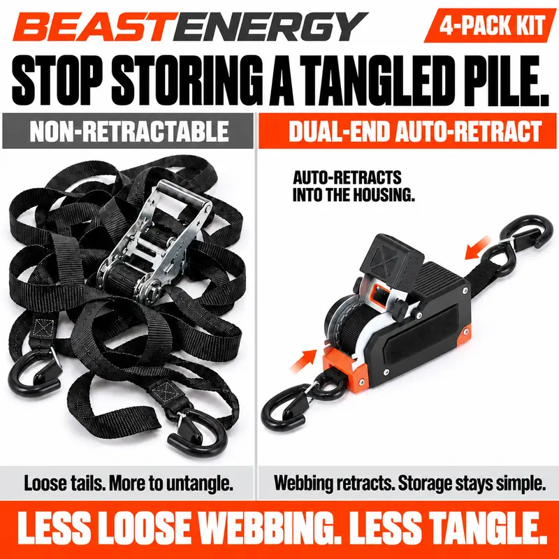 4PK Dual-End Retractable Ratchet Straps - Heavy Duty Adjustable Ropes - Image 7