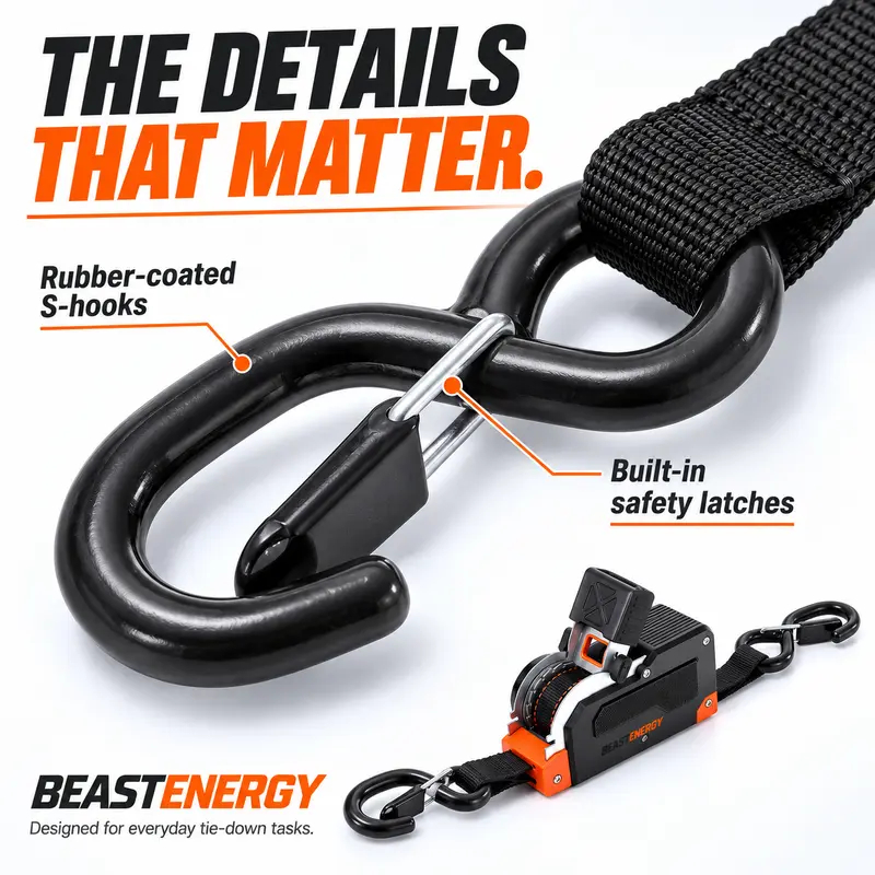 4PK Dual-End Retractable Ratchet Straps - Heavy Duty Adjustable Ropes - Image 4